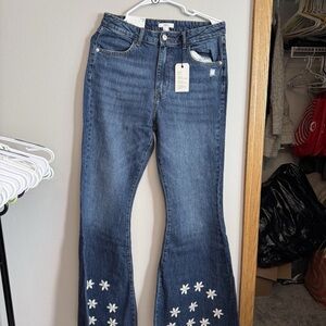 Forever 21 Blue Flare Jeans with White Floral Accents